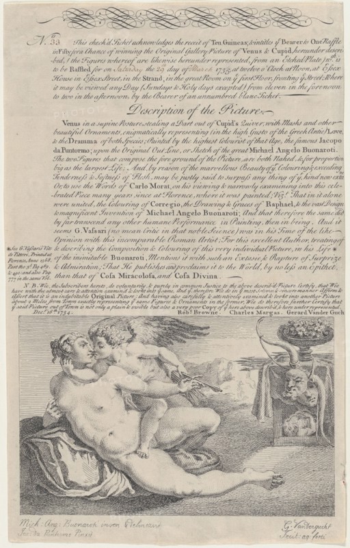 Raffle Ticket for the Painting of Venus and Cupid after Michelangelo, 1734. Creator: Gerard Vandergucht.