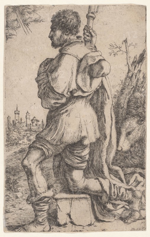Saint Roch, kneeling on a stone, seen from the side with his dog behind him..., 1620-30. Creator: Giuseppe Caletti.