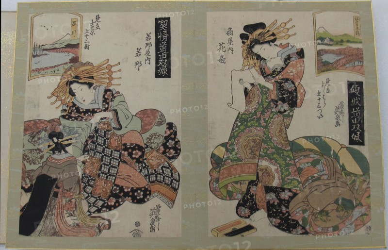 Woman and her maid, woman with scroll, early-mid 19th century. Creator: Ikeda Eisen.