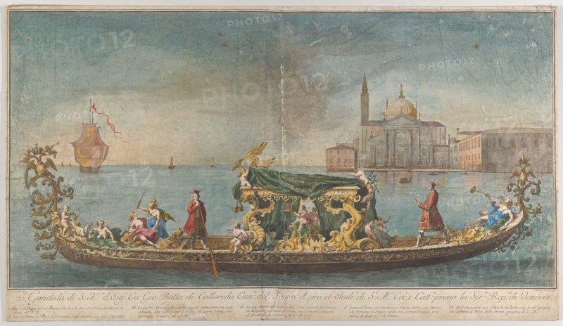 The highly ornamented second gondola of Ambassador Giovanni Battista Colloreado enterin..., 1720-30. Creator: Giovanni Antonio Faldoni.