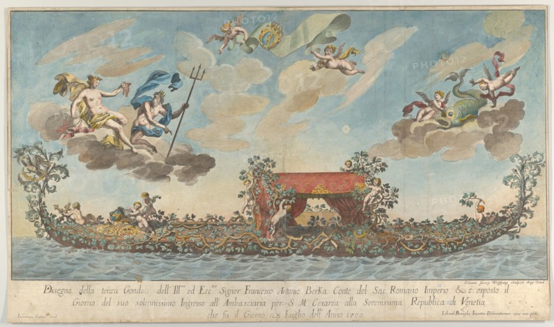 The highly ornamented third gondola of Francesco Antonio Berka entering Venice, Gods on cl..., 1700. Creator: Johann Georg Wolfgang.