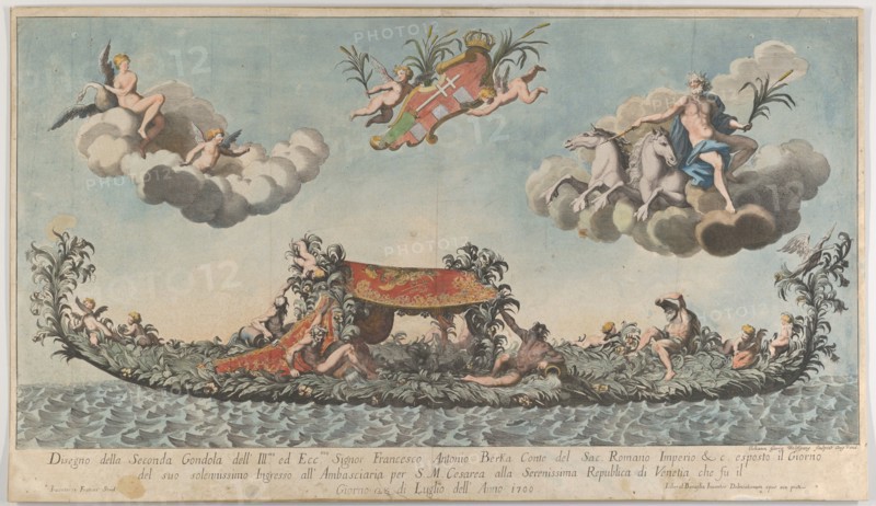 The highly ornamented second gondola of Francesco Antonio Berka entering Venice, Gods on c..., 1700. Creator: Johann Georg Wolfgang.