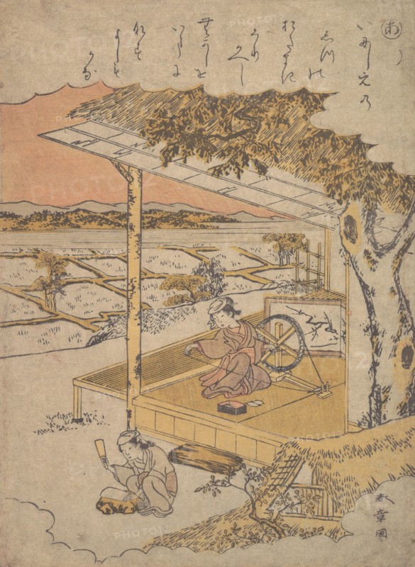 Woman on Veranda, Spinning..., 18th century. Creator: Shunsho.