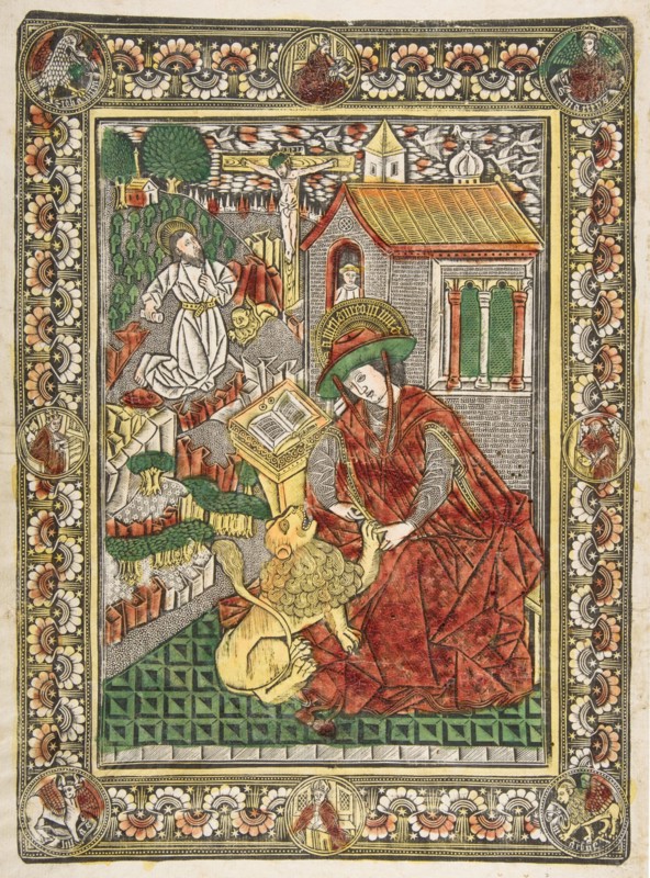 Saint Jerome in Penitence and as a Scholar Removing a Thorn from a Lion's Paw (Sch...., ca. 1470-85. Creator: The Master of the Mountainlike Clouds and The Master of the Church Fathers' Border.