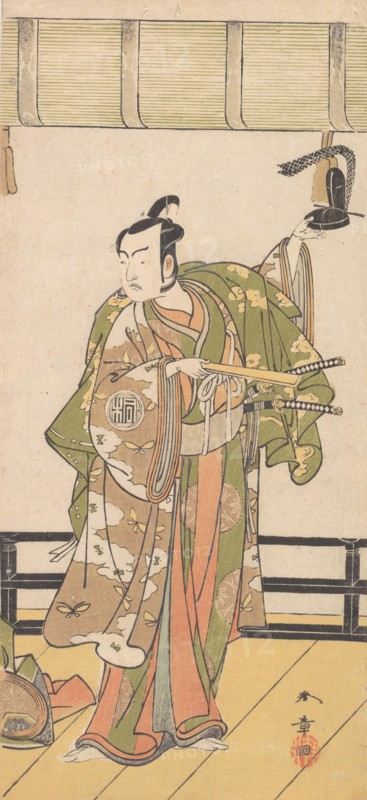 Arashi Sangoro as a Samurai Standing on the Veranda of a Great House, 1774 or 1775. Creator: Shunsho.