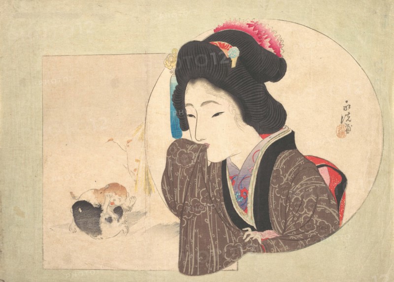 Print [woman and puppies], early-mid 19th century. Creator: Ikeda Eisen.
