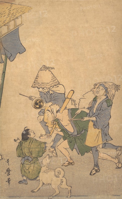 Three Revelers of the Lower Classes, Wearing Komuso Hats..., late 18th-early 19th century. Creator: Kitagawa Utamaro.