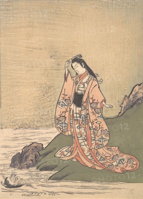 A Girl on the Edge of a Stream Sees a Demon's Head in the Water, mid-late 18th century. Creator: Komatsuken Shoshoken.