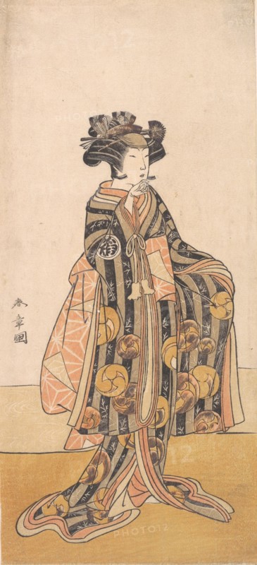 Yoshizawa Iroha as a Woman (Tomoe Gozen?) Standing on the Bank, 1774 or 1775. Creator: Shunsho.