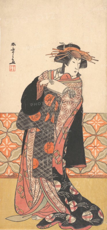 Nakamura Riko as Richly Clad Courtesan Standing in a Room, ca. 1778. Creator: Shunsho.