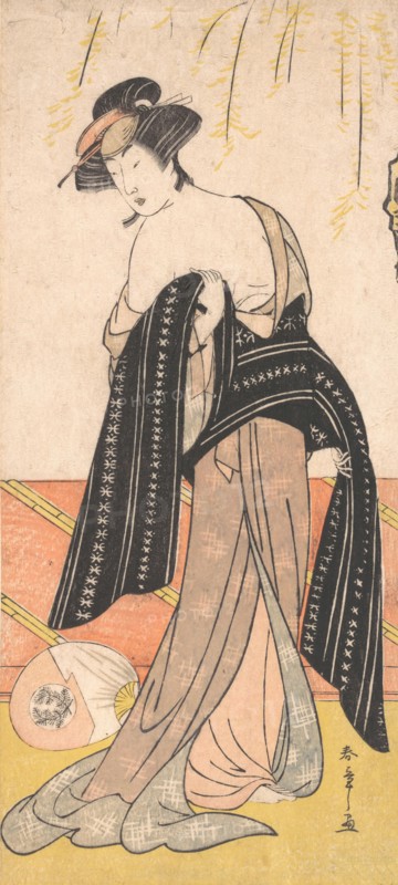 The Actor Nakamura Riko as an Oiran Tying Her Obi, ca. 1779. Creator: Shunsho.