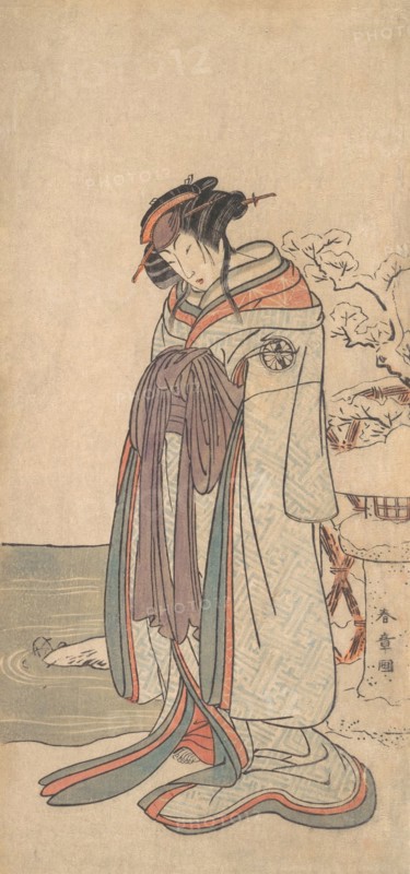 The Third Segawa Kikunojo as a Courtesan Standing in the Snow, probably 1775. Creator: Shunsho.