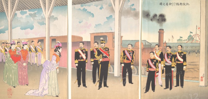Illustration of the Arrival of the Emperor at Shinbashi Station Following a Victory (Gaise..., 1895. Creator: Kobayashi Kiyochika.