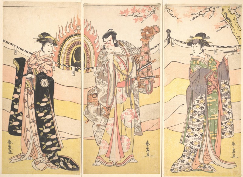 Three Actors in Beautiful Costumes Performing a Religious Dance, ca. 1785. Creator: Katsukawa Shunsen.