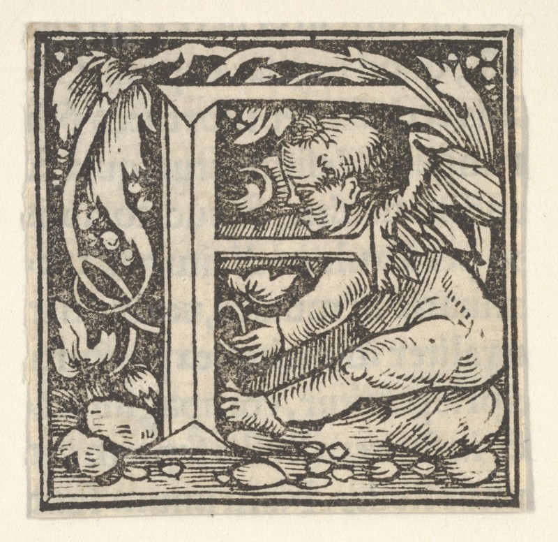 Initial letter F with putto, ca. 1538. Creator: Heinrich Vogtherr.