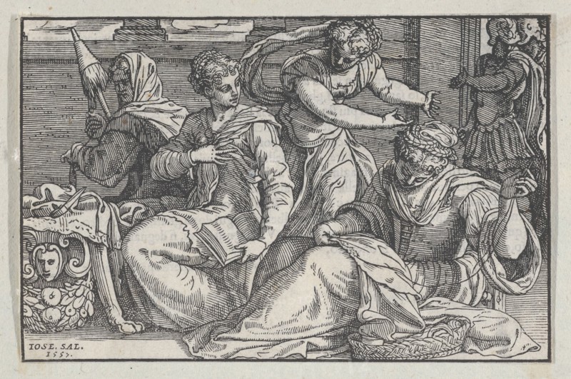 Lucretia instructing her daughters in needlework, 1557. Creator: Giuseppe Porta.