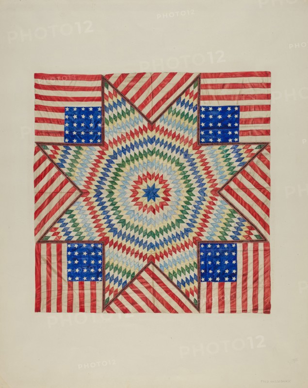 Star and Flag Design Quilt, c. 1941. Creator: Fred Hassebrock.