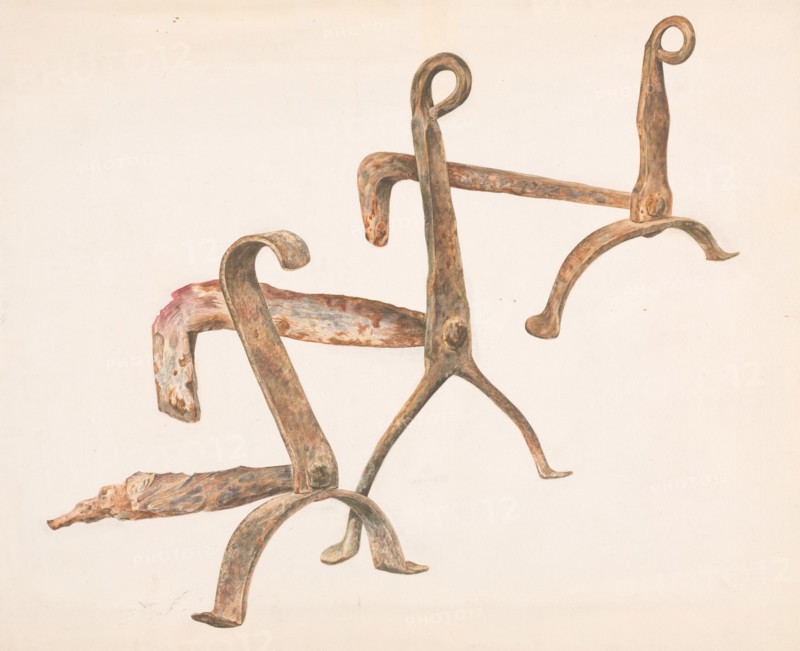 Fire Dogs or Andirons, c. 1938. Creator: Frank J Mace.