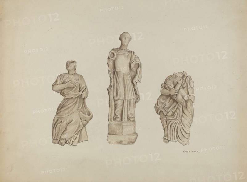 Faith, Hope and Charity: Stone Figures from Facade of Mission, 1936. Creator: Edward Jewett.