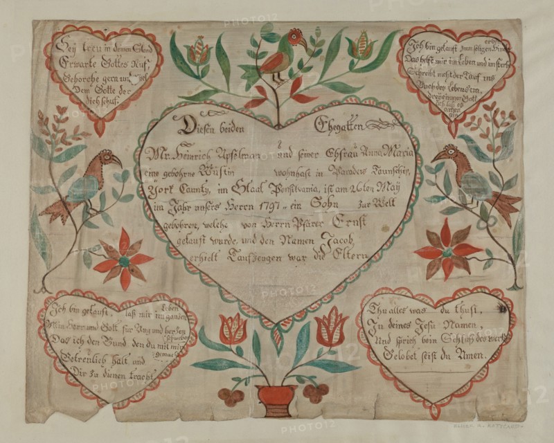 Pa. German Birth and Baptismal Certificate, c. 1940. Creator: Elmer R. Kottcamp.