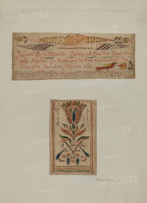 Fractur Paintings (Upper-a Hymn; Lower- Religious Motto), c. 1940. Creator: Albert J. Levone.