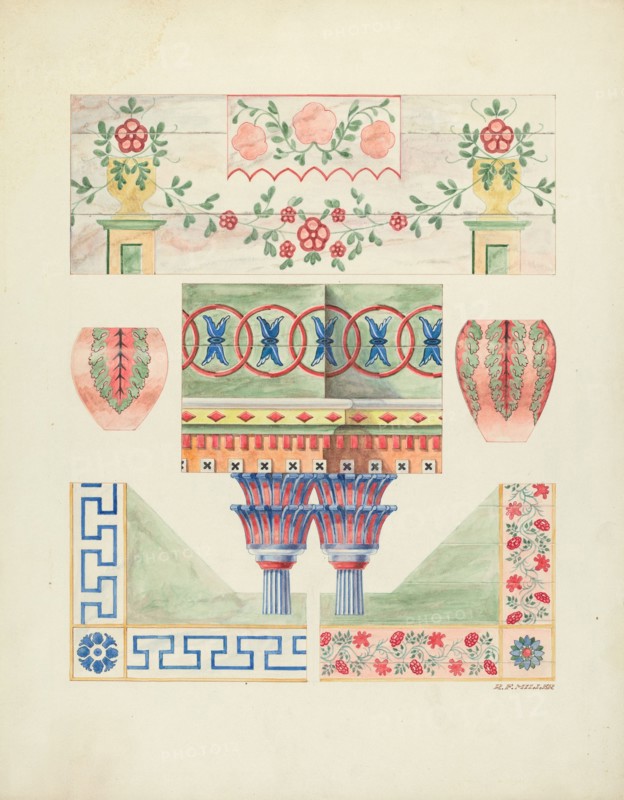 Details of Painted Decorations on Reredos and Walls, 1937. Creator: Randolph F Miller.
