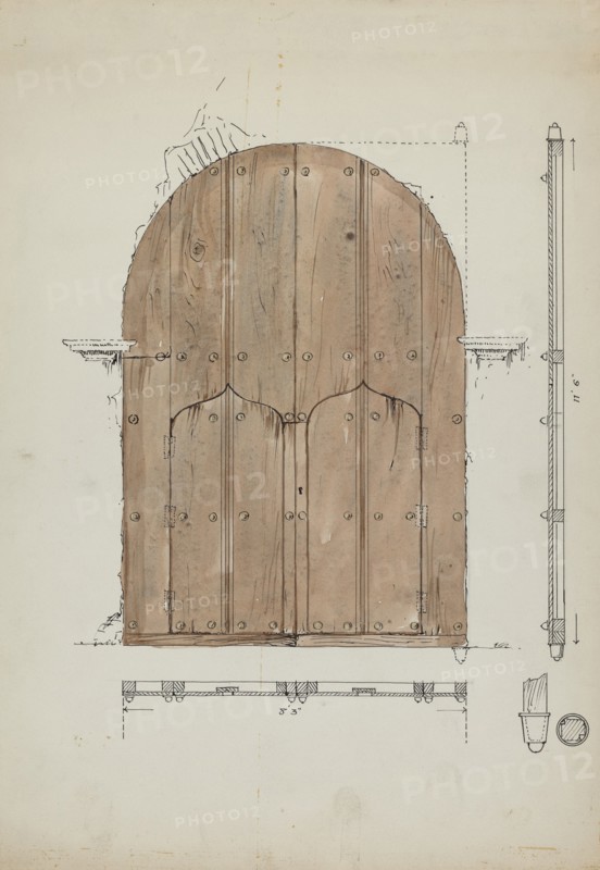 Restoration Drawing of Original "Needle's Eye"Doors, Formerly Main Entrance Doors of, c. 1936. Creator: Geoffrey Holt.