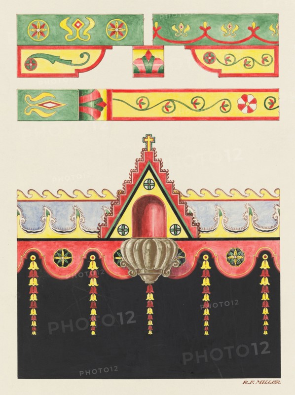 Wall and Ceiling Decorations, and Holy Water Font; Restoration Drawing, 1936. Creator: Randolph F Miller.