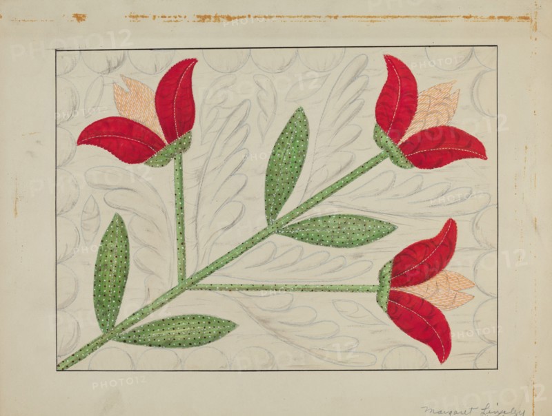 Quilt - Appliqued in Bellflower Design, c. 1937. Creator: Margaret Linsley.