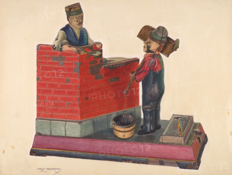 Cast Iron Toy Bank: Masons, c. 1937. Creator: Chris Makrenos.