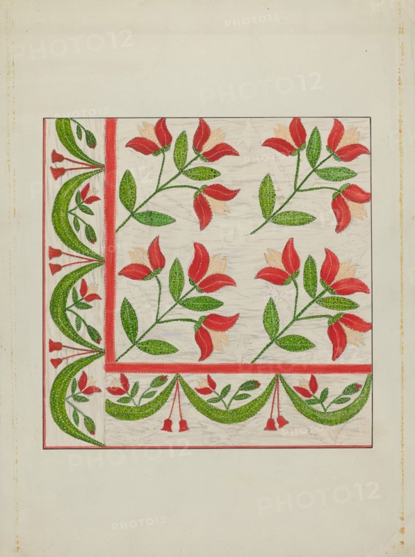 Quilt - Appliqued in Bellflower Design, c. 1937. Creator: Margaret Linsley.