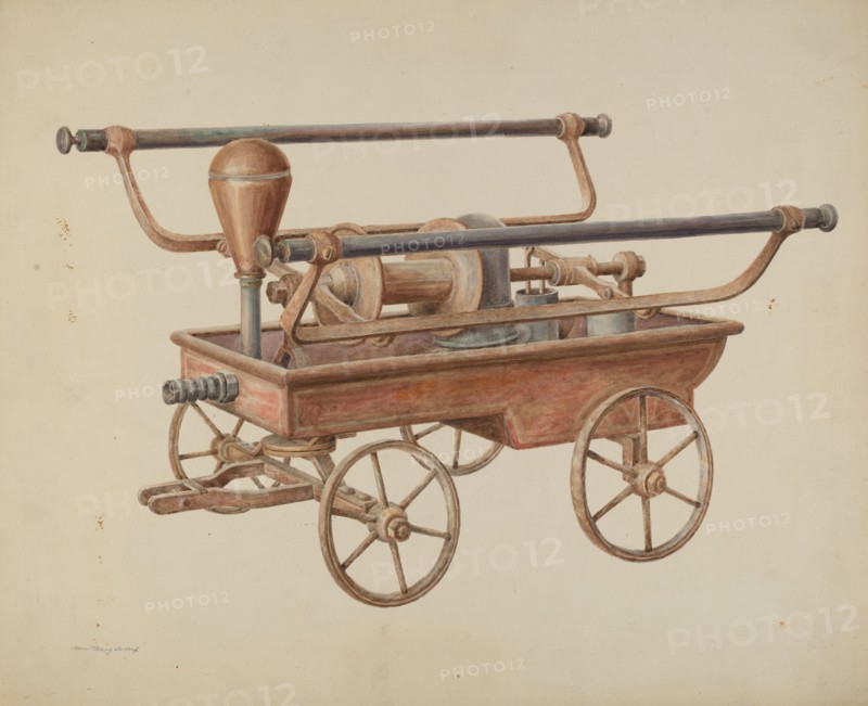 Hand Operated Fire Pump, c. 1938. Creator: Hans Mangelsdorf.