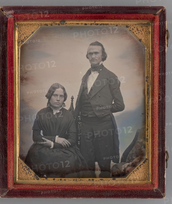 Untitled (Portrait of a Seated Woman and a Standing Man), 1850s. Creators: Albert Sands Southworth, Josiah Johnson Hawes.