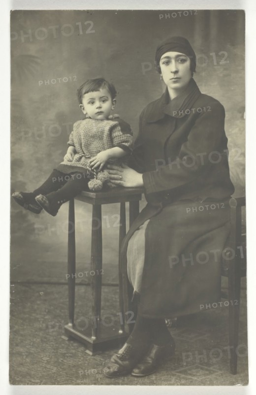 Untitled postcard (Woman with Boy on Stand), 1873. Creator: Unknown.