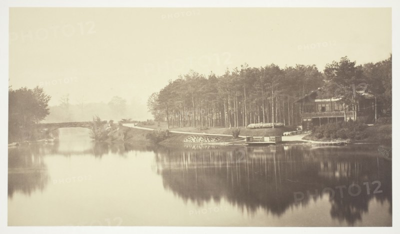 Untitled, c. 1850. [Bridge and chalet in the Bois de Boulogne, a park in Paris].  Creator: Charles Marville.