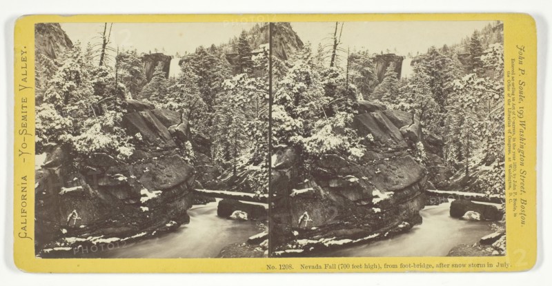 Nevada Fall (700 feet high), From Foot-Bridge, after Snow Storm in July, 1870. Creator: John P. Soule.
