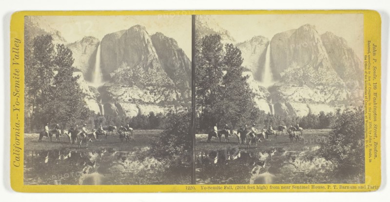 Yo-Semite Fall, (2634 feet high) from near Sentinel House, P. T. Barnum and Party, 1870. Creator: John P. Soule.