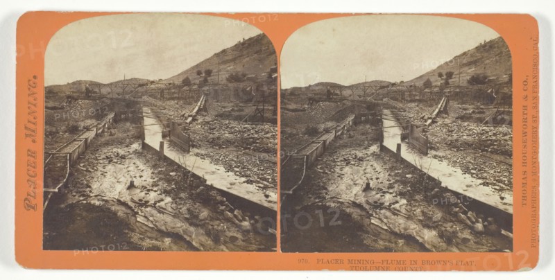 Placer Mining, Flume in Brown's Flat, Tuolumne County, c. 1868. Creator: Lawrence & Houseworth.