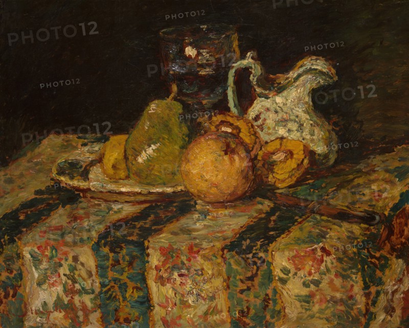 Still Life with Fruit and Wine Jug, 1874. Creator: Adolphe Monticelli.