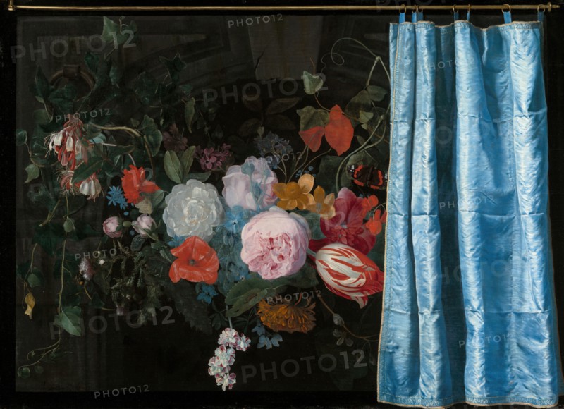 Trompe-l'Oeil Still Life with a Flower Garland and a Curtain, 1658. Creators: Adriaen van der Spelt, Frans van Mieris.