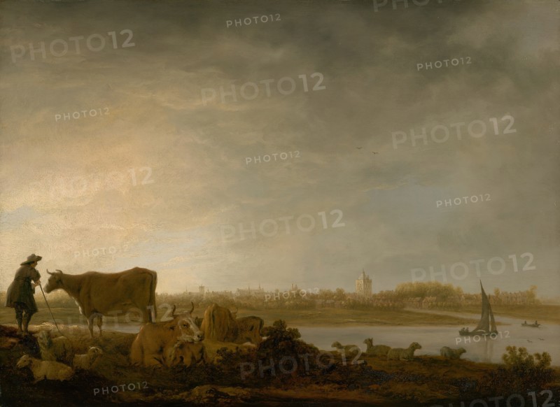 A View of Vianen with a Herdsman and Cattle by a River, c. 1643/45. Creator: Aelbert Cuyp.