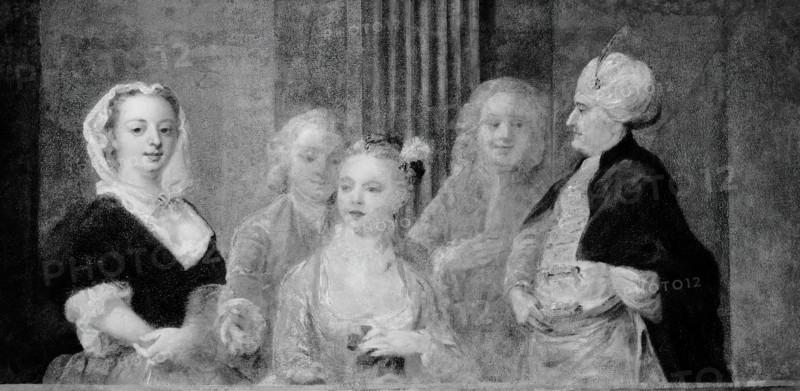 Fashionable Figures, with a Man in Turkish Costume, 1733/35. Creator: Unknown.