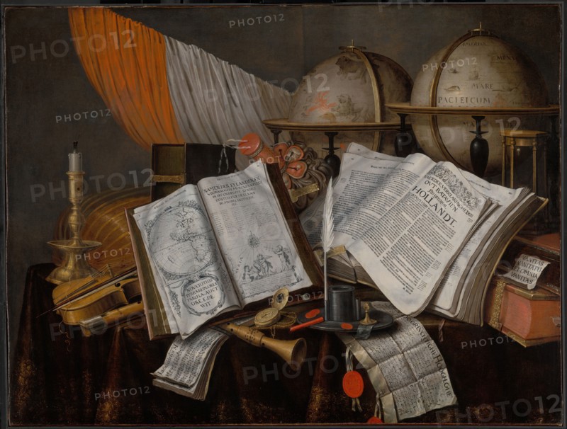 A Vanitas Still Life with a Flag, Candlestick, Musical Instruments, Books, Writing Paraphernalia... Creator: Edwaert Collier.