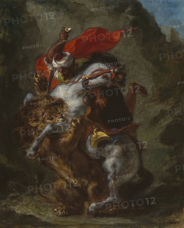 Arab Horseman Attacked by a Lion, 1849/50. Creator: Eugene Delacroix.