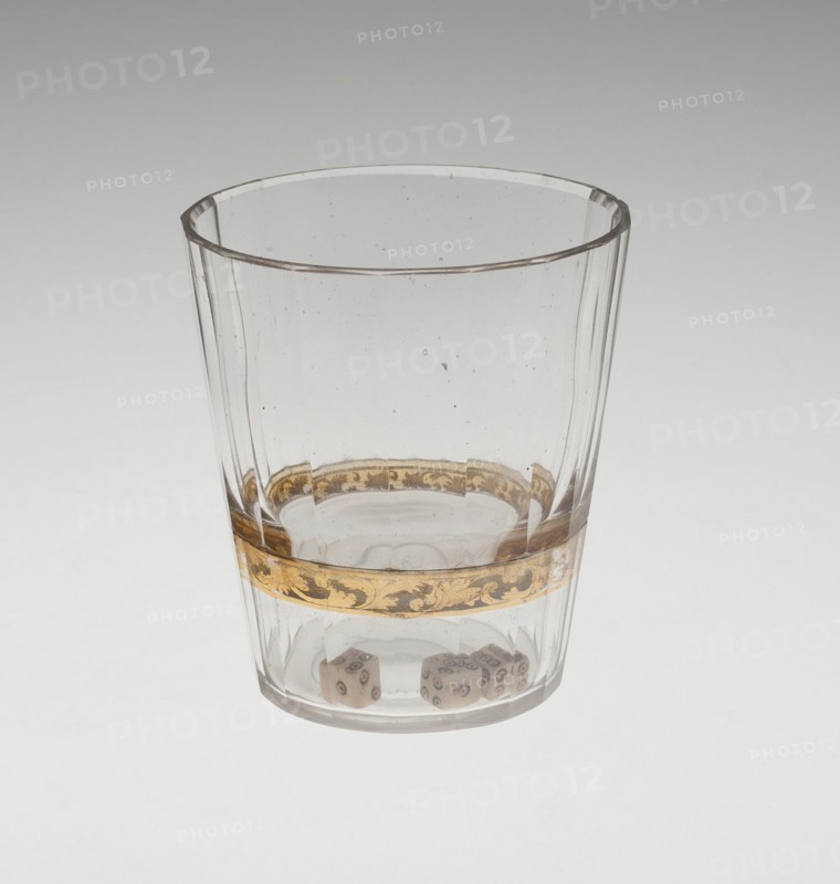 Beaker (Zwischengoldglas) Incorporating Three Dice, Bohemia, c. 1730. Creator: Bohemia Glass.