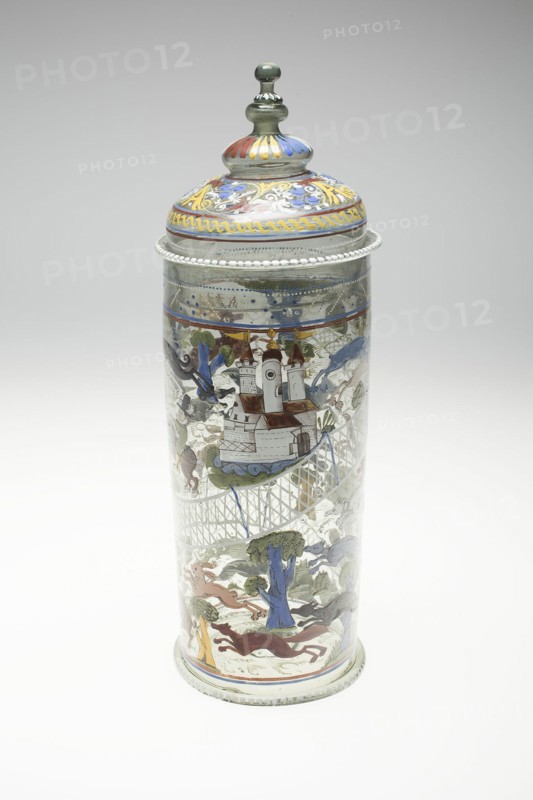 Beaker with Cover (Humpen) with Hunting Scenes, Bohemia, 1550/1600. Creator: Bohemia Glass.