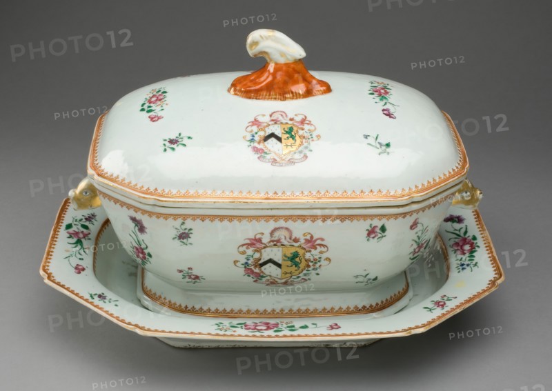 Covered Tureen and Stand with the Arms of French Impaling Sutton, China, c. 1765. Creator: Jingdezhen Porcelain.