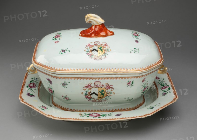 Covered Tureen and Stand with the Arms of French Impaling Sutton, China, c. 1765. Creator: Jingdezhen Porcelain.
