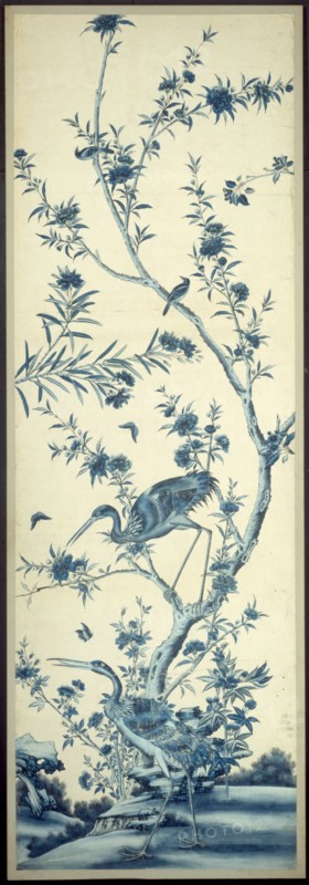 Wallpaper Panel with Birds and Flowering Trees, China, Late 18th/early 19th century. Creator: Unknown.