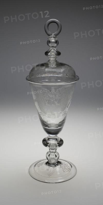 Covered Diamond-Engraved Armorial Marriage Goblet, England, c. 1700-1709. Creator: Unknown.